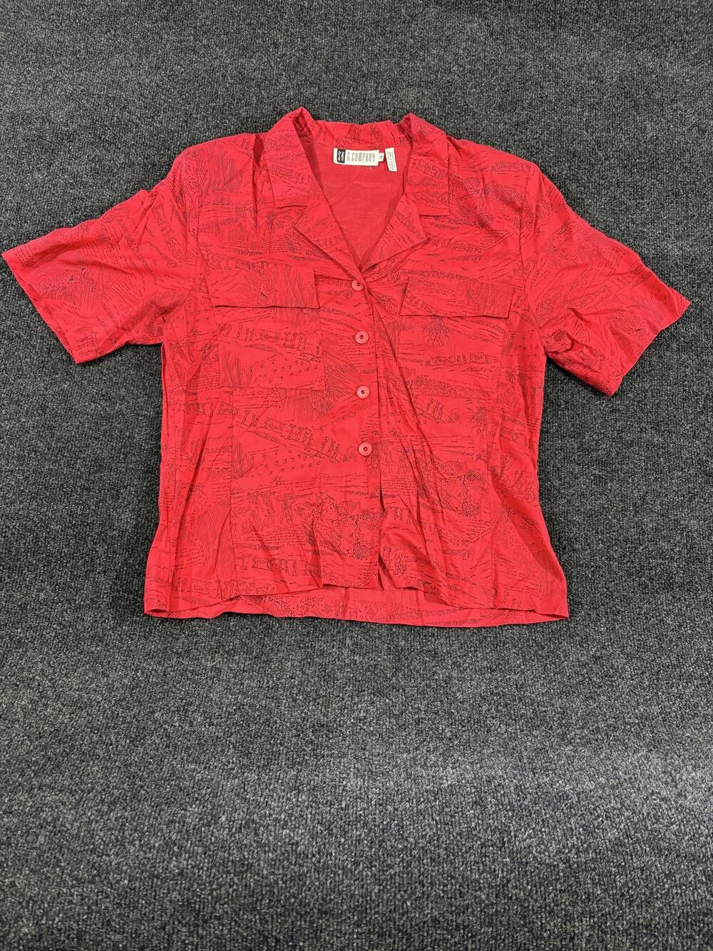Vintage SK & Company Shirt Womens 14 Red Animal Print Button Up Rayon Top